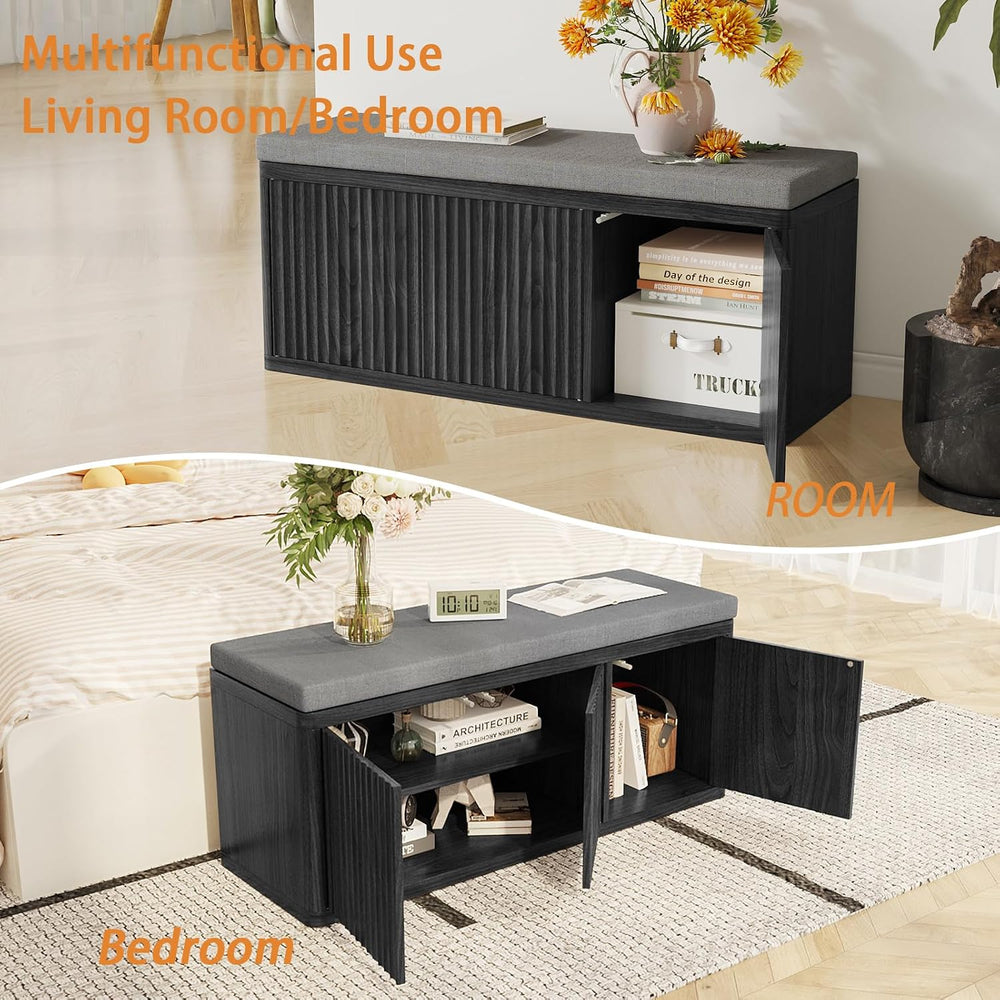 41.3" Fluted Shoe Storage Bench, Entryway Bench with 2" Cushioned S...