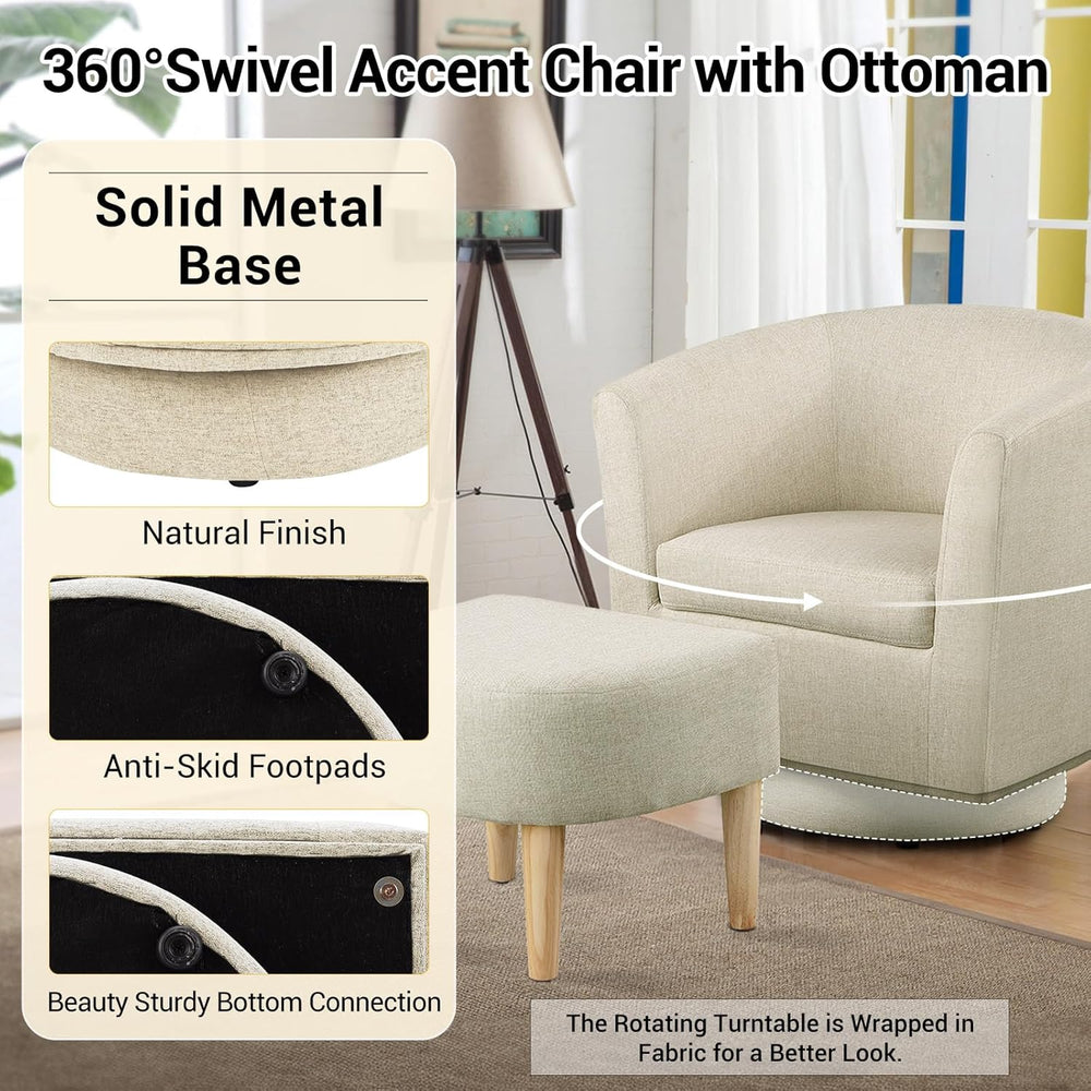 DAZONE Beige Swivel Accent Chair with Ottoman, Comfy Barrel Armchair for Smal...