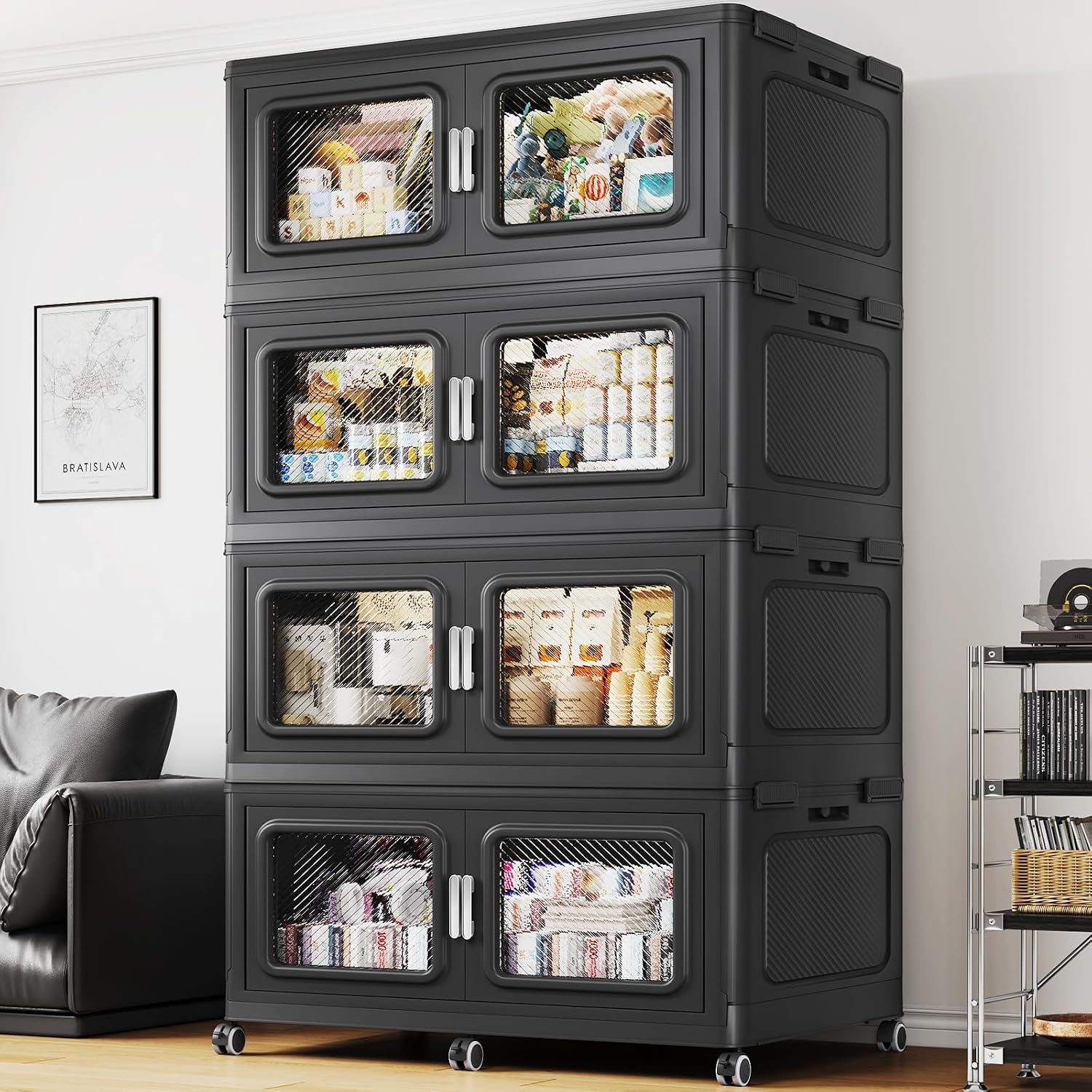 BROVIEW 220Gal Extra Large Storage Bins with Lid and Wheels, Black, 4 Pack | 4 lid Plastic Cabinets Stackable Collapsible Foldable Storage Box 880 Quart Organizer Drawers For Home Office Garage