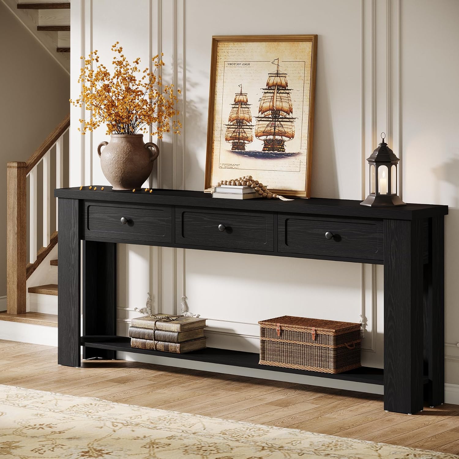 Tribesigns 70.9-Inch Long Console Table with 3 Drawers, Farmhouse Entryway Table with Storage, Rectangular Narrow Sofa Table Behind the Couch, Accent Table for Hallway, Living Room, Entry, Black