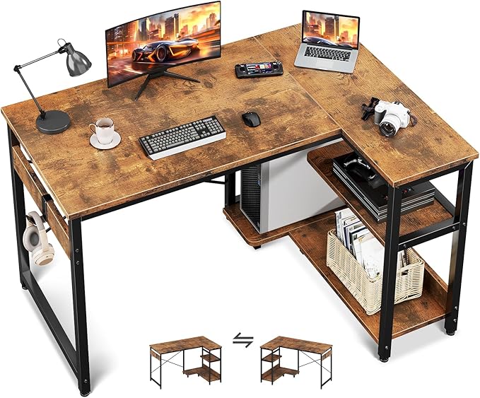 Casaottima L Shaped Computer Desk, 40 Inch Small Corner Desk with Storage Shelves & PC Stand, Reversible Gaming Desk for Bedroom, Modern Writing Study Table for Home Office, Vintage