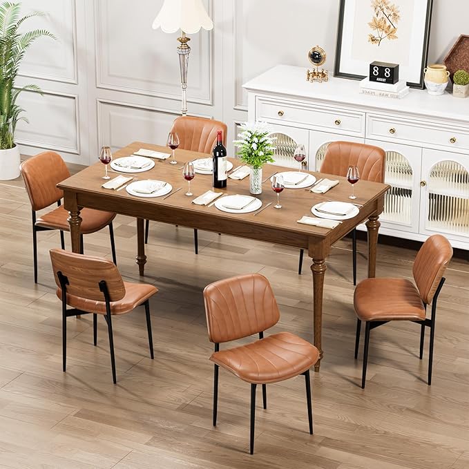 Dining Chairs Set of 4, Dining Room and Kitchen Chairs, Mid Century Modern Accent Chair, Upholstered PU Leather Chairs for Vanity with Walnut Bentwood and Metal Legs, Light Tan