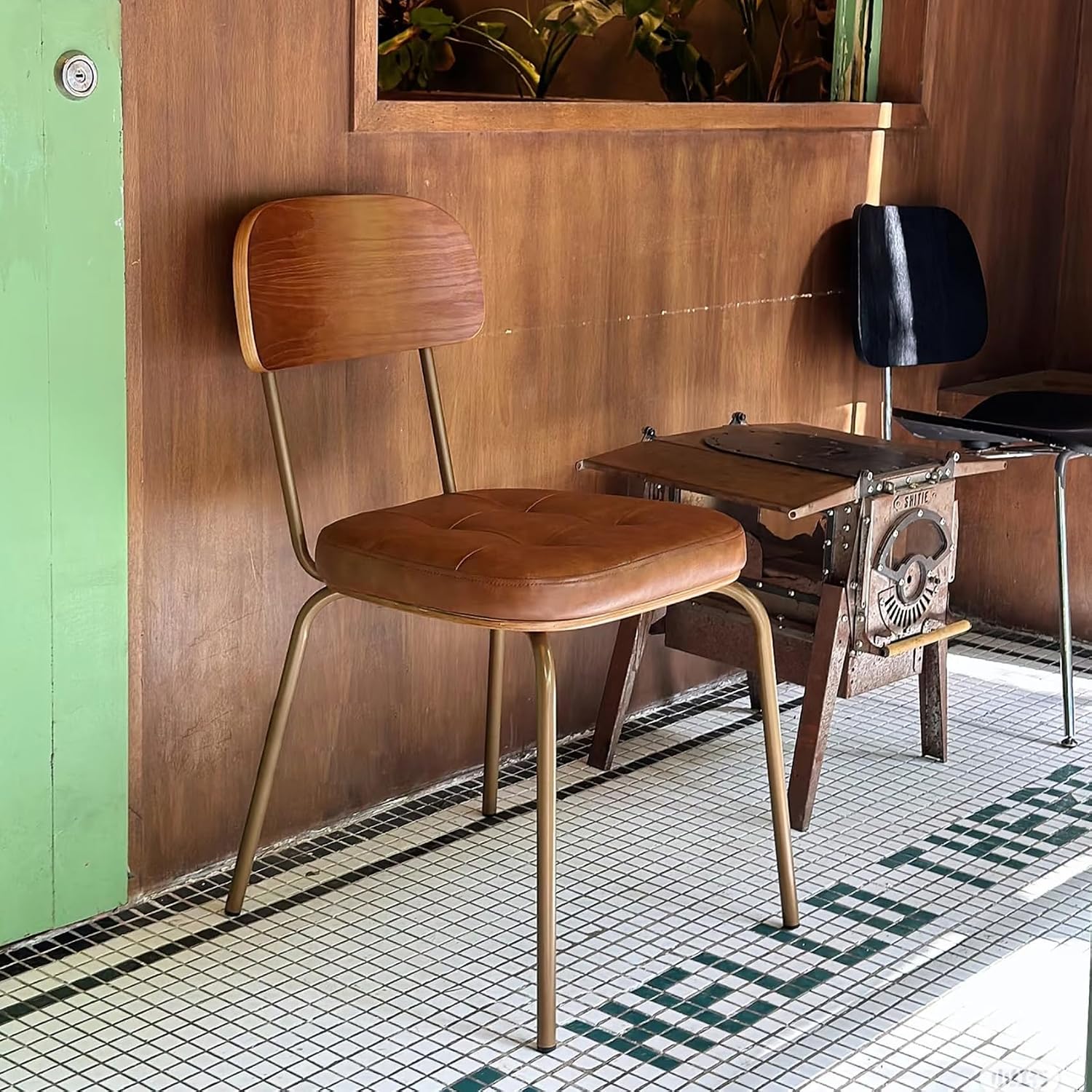 Mid Century Modern Dining Chairs Set of 2, Retro Chair with Faux Leather Upholstered Seat & Solid Wood Backrests & Vintage Distressing Metal Legs & Leg Protectors for Kitchen Dining Room (Brown)