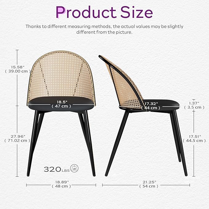 TYBOATLE Black Rattan Dinner Chairs Set of 4 with Faux Leather Cushion, Modern Dining Room Chairs w/Adjustable Foot Pads, Kitchen Boho Mid Century Upholstered