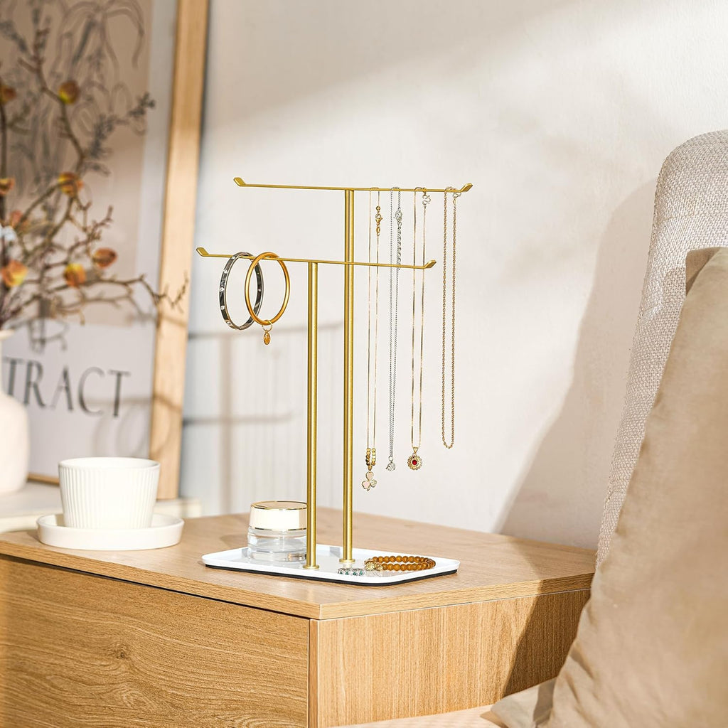 pickpiff Necklace Holder Jewelry Organizer Stand – 2‑Tier T‑Bar Jewelry Display Tree with Tray for Countertop Necklace Bracelet Earring Storage, Vanity Dresser Bathroom Sink, Gold