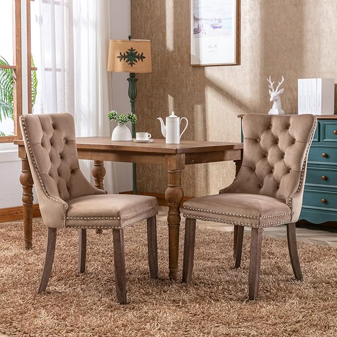 Velvet Dining Chairs Set of 2, Tufted Upholstered Dining Room Chairs with Back Ring Pull, Nailhead Trim and Solid Wood Legs, Modern Dining Chairs for Dining Room, Kitchen(Khaki)