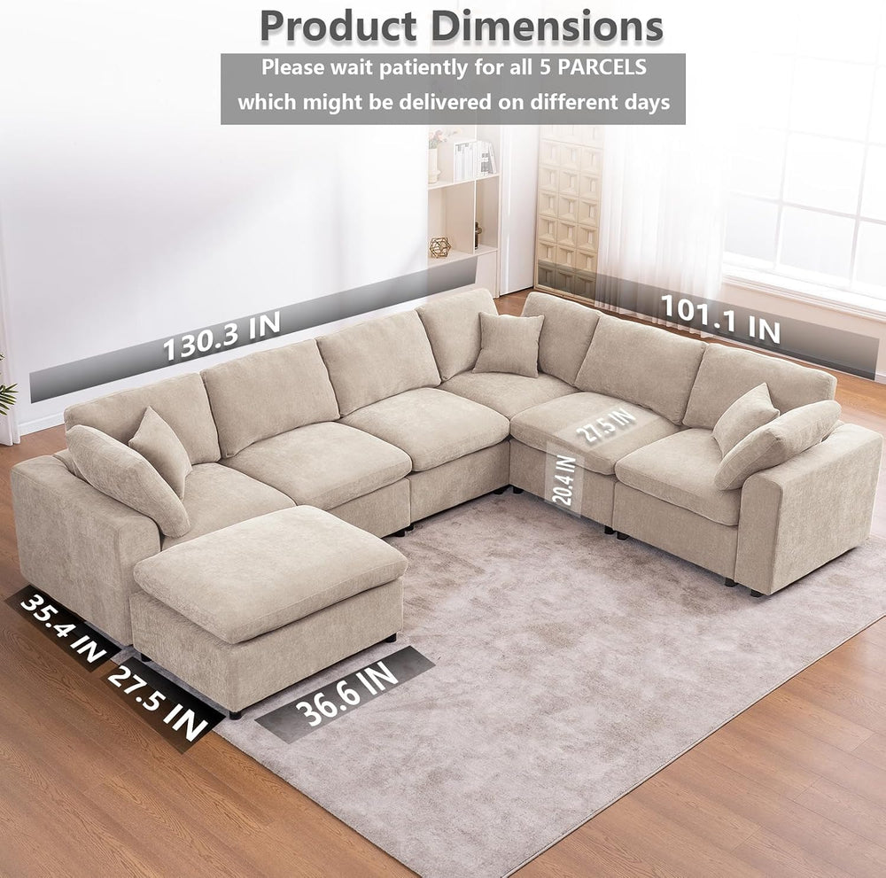 Oversized Modular Sectional Sofa, 7 Seater Cloud Couch with Ottoman | 130&quo...