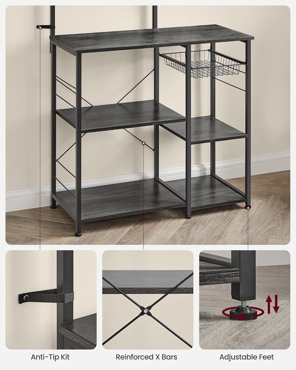 VASAGLE Baker's Rack, Microwave Stand, Kitchen Storage Rack with Wire Basket, 6 Hooks, and Shelves, for Spices, Pots, and Pans, Charcoal Gray and Ink Black UKKS035B04