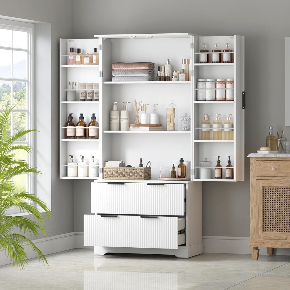 Fluted Kitchen Pantry Cabinet with Drawers,White Food Pantry Cabinet,Freestan...