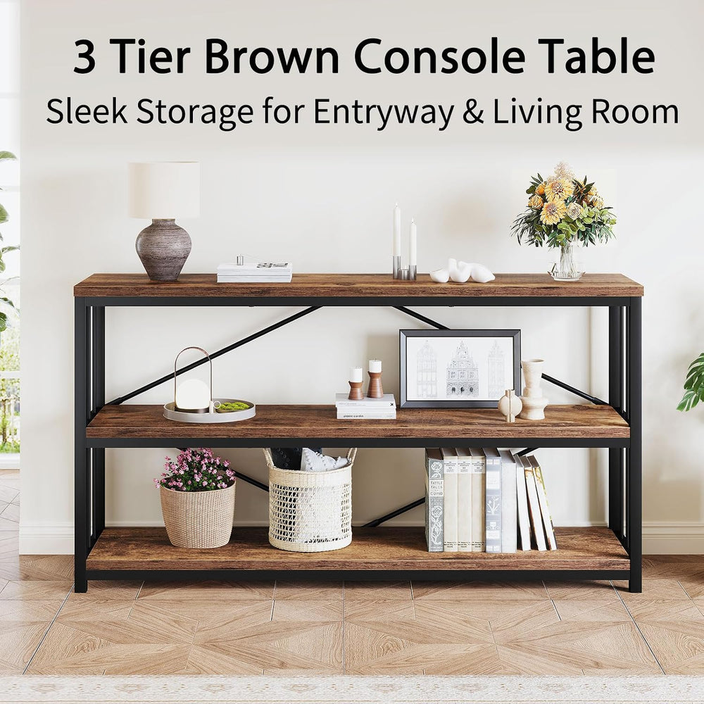 LVB Industrial Console Entryway Table, Metal Wood Rustic Brown, 55 in | Farmh...