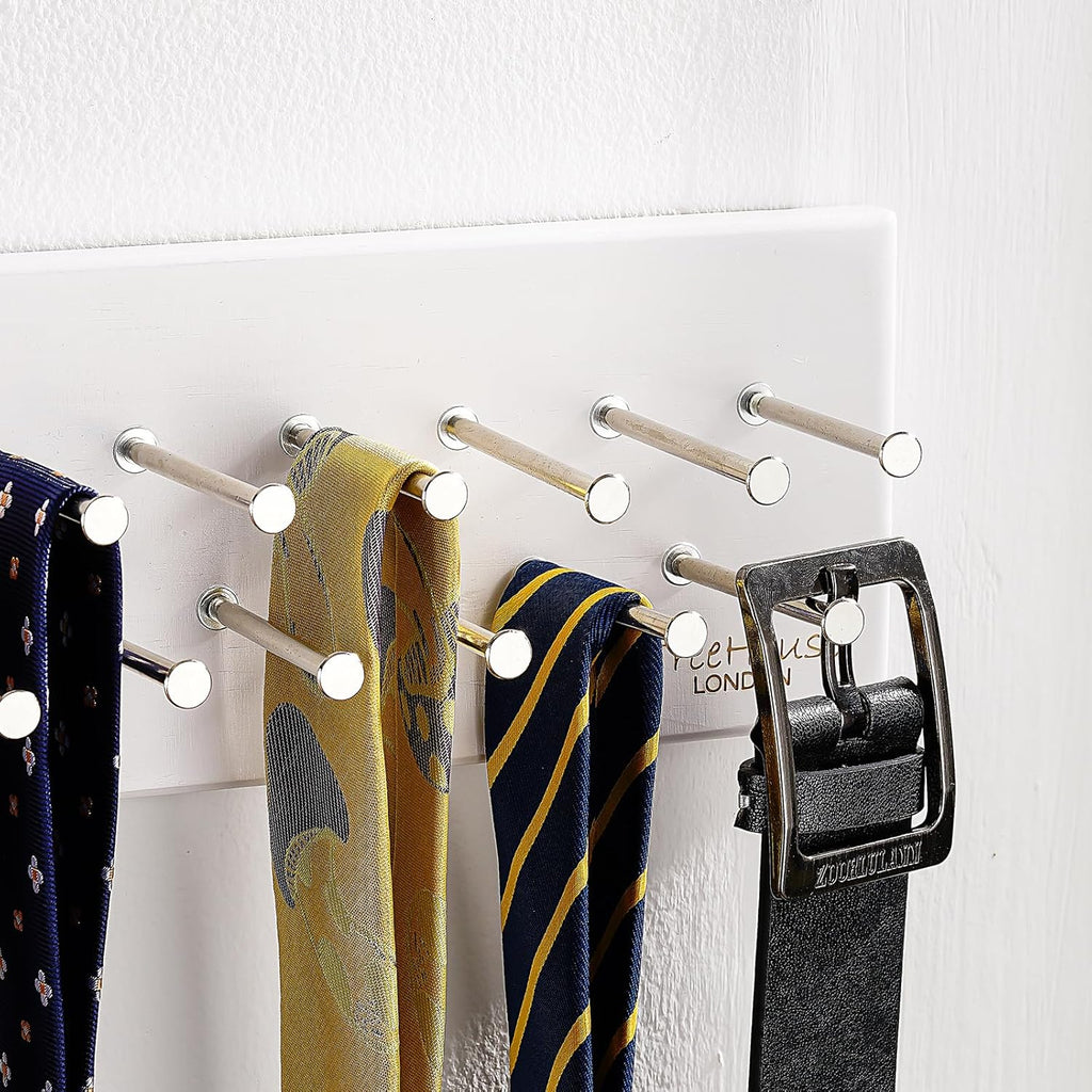 TreeHouse London Tie Rack Organizer – Holds 40 Large Ties – Solid Wood & Sturdy Metal Storage Holder for Closet – Wall Mounted Tie Display Hanger for Wall, Bedroom (White) 16''L x 4.25''H