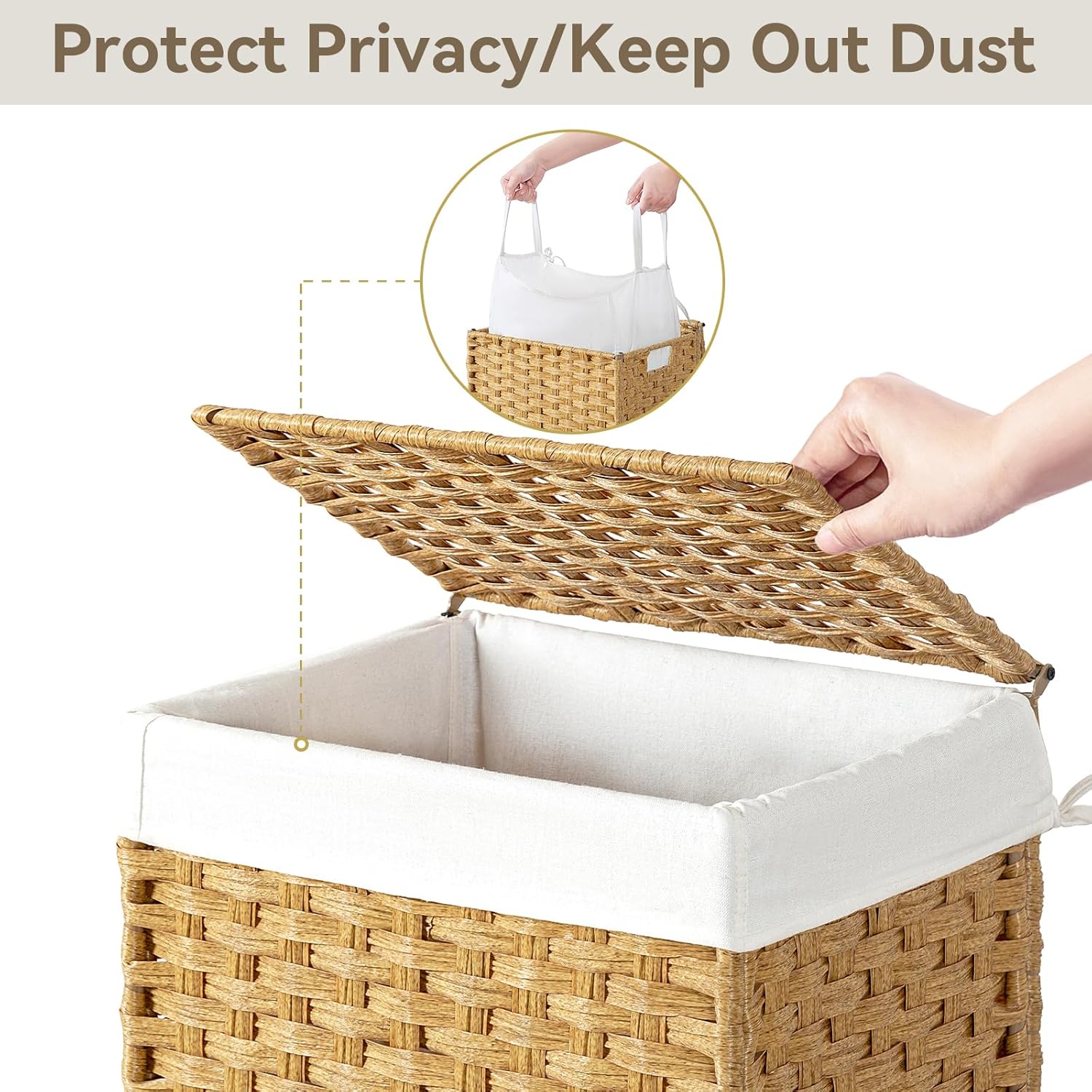 Chrislley 90L Slim Laundry Hamper with Wheels, Rolling Laundry Basket with Lid and Renovable Liner Bag, Handwoven Rattan Organizer for bedroom, bathroom, laundry room (Yellow)