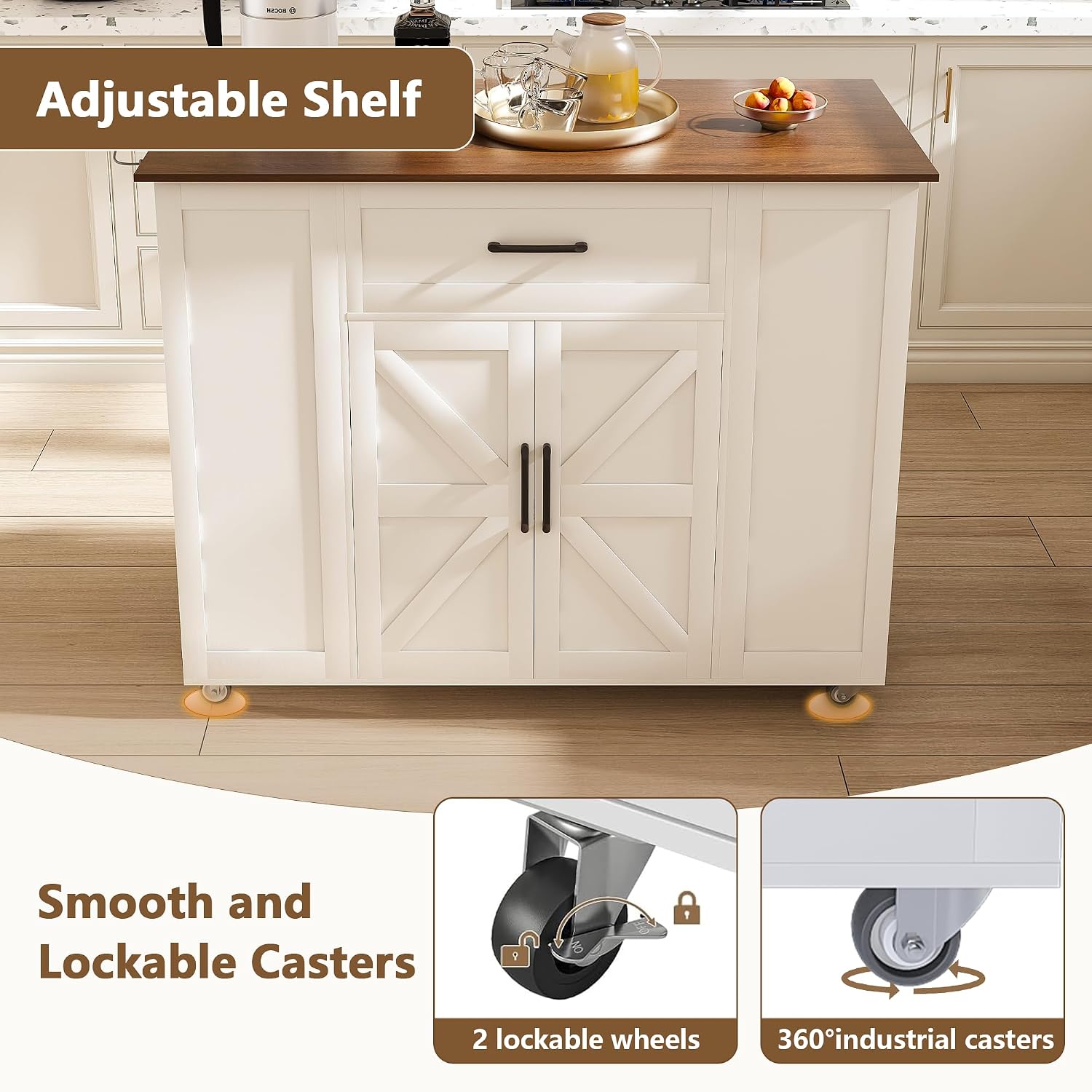 46" Kitchen Island with Power Outlet, Kitchen Storage Island with Drawer, Rolling Cart on Wheels, Wood Top with Adjustable Shelf and Trash Storage Cabinet, for Home, Dining Room (White, 46")