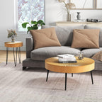 Giantex Boho Round Coffee Table Set of 2, Sofa Side Nesting Table with Solid Pine Wood Top, Metal Legs & Adjustable Foot Pads, 31.5" D Large Table Set for Living Room (Radial Pattern, Natural)