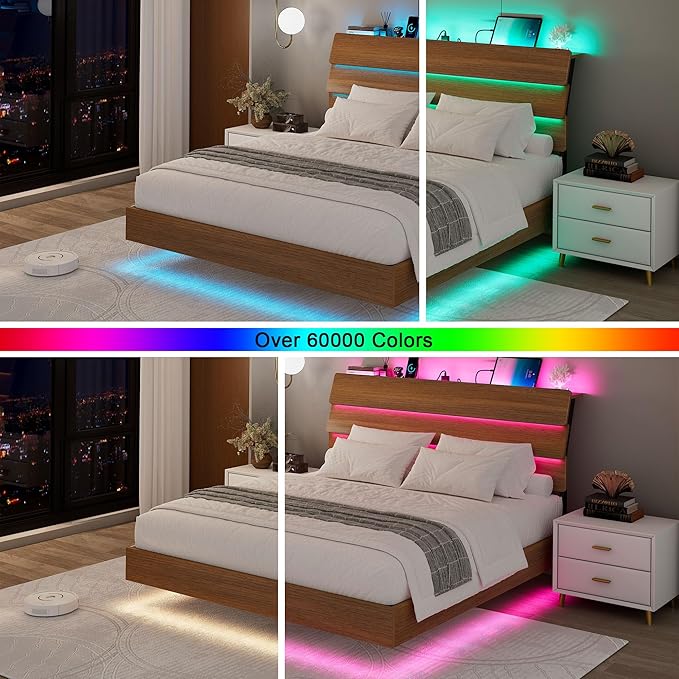 Feonase Floating Bed Frame Full with Led Lights and Charging Station, Wood Full Size Bed Frame with Storage Headboard, Heavy Duty Metal Slats, No Box Spring Needed, Easy Assembly,Walnut