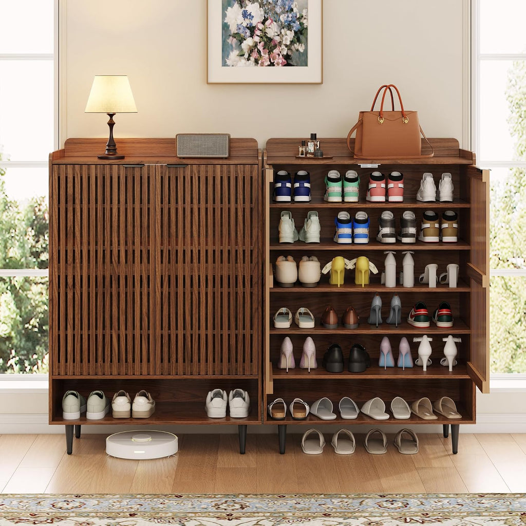 Shoe Cabinet with 2 Doors for Entryway, 21 Pairs Wooden Shoe Storage Cabinet with Adjustable Shelves, Farmhouse Hidden Shoe Organizer for Hallway & Mudroom, Slim Freestanding Shoe Cabinet, Walnut