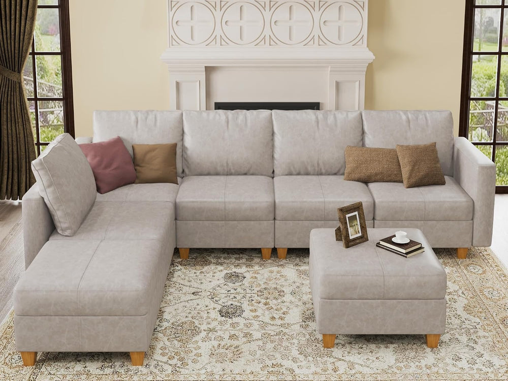 EASE MOOSE Leather Sectional L Shaped Sofa with Storage Ottomans, Whitesand |...