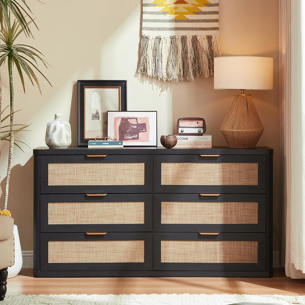 LEYAOYAO Rattan 6 Drawer Dresser for Bedroom, Boho 54" Wide Black Dresser Chest of Drawers, Dressers TV Stand with Metal Handle, Storage Dressers Closet Organizer for Living Room, Hallway