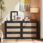 LEYAOYAO Rattan 6 Drawer Dresser for Bedroom, Boho 54" Wide Black Dresser Chest of Drawers, Dressers TV Stand with Metal Handle, Storage Dressers Closet Organizer for Living Room, Hallway