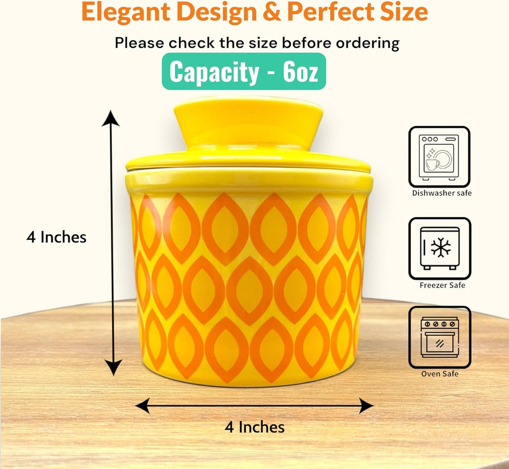 Butter Crock with Lid for Countertop, Butter Keeper Crock with Water, French Butter Dish Ceramic, Butter Holder with Lid for Spreadable Butter, Butter Container for Counter (Yellow Ovals)