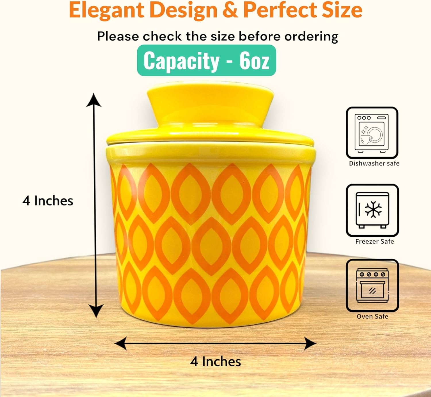 Butter Crock with Lid for Countertop, Butter Keeper Crock with Water, French Butter Dish Ceramic, Butter Holder with Lid for Spreadable Butter, Butter Container for Counter (Yellow Ovals)
