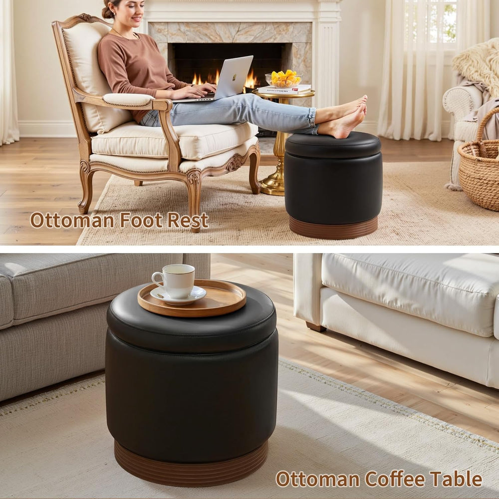 19" Round Swivel Storage Ottoman with Tray Top, Upholstered Faux Leather...