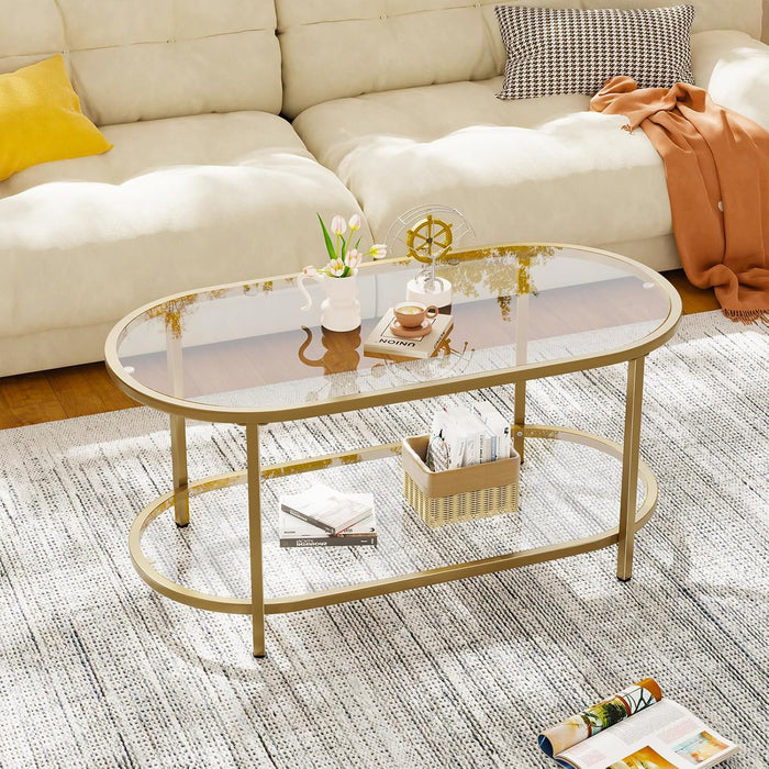Wolawu Coffee Table Gold Oval Glass Table for Living Room,2 Tiers Oval Center Table with Sturdy Metal Frame, Modern Tempered Glass Tables for Bedroom Living Room Home Office