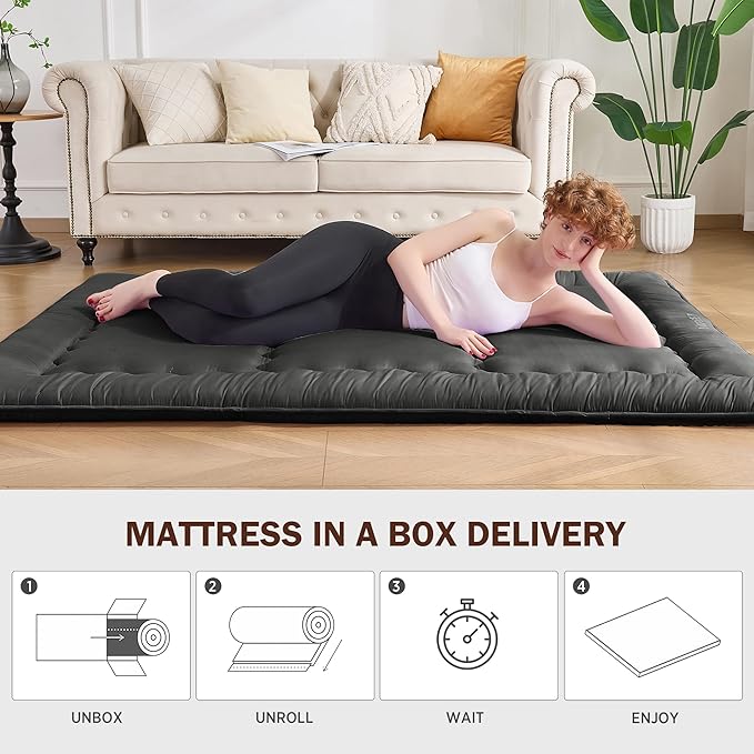 Japanese Floor Futon Mattress Queen Size, 25D High Density Support Foam, 4" Thicken Foldable Mattress Tatami Mat Sleeping Pad Suitable for Camping, Guest Room, Black 60"x 80"