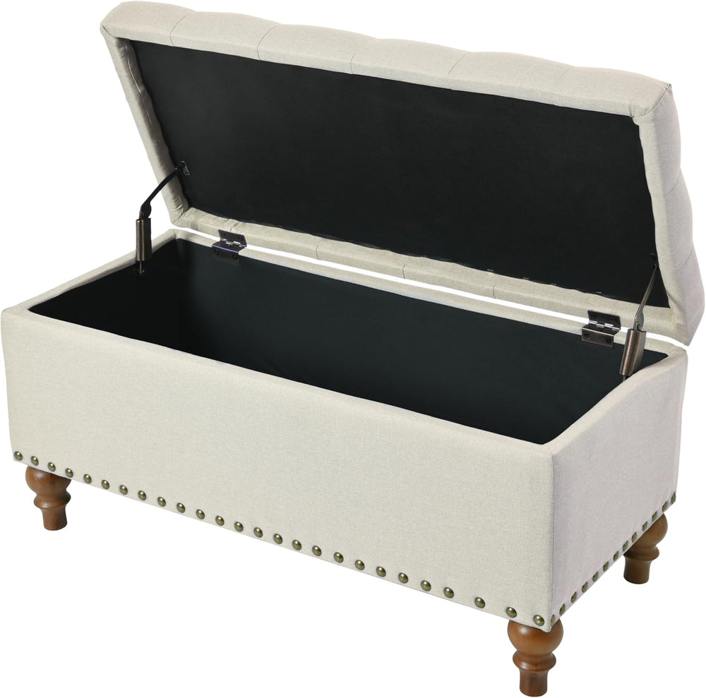 Ottoman Storage Bench, recessed Support Hinge top Easy to Open, Rivet Trim Ar...