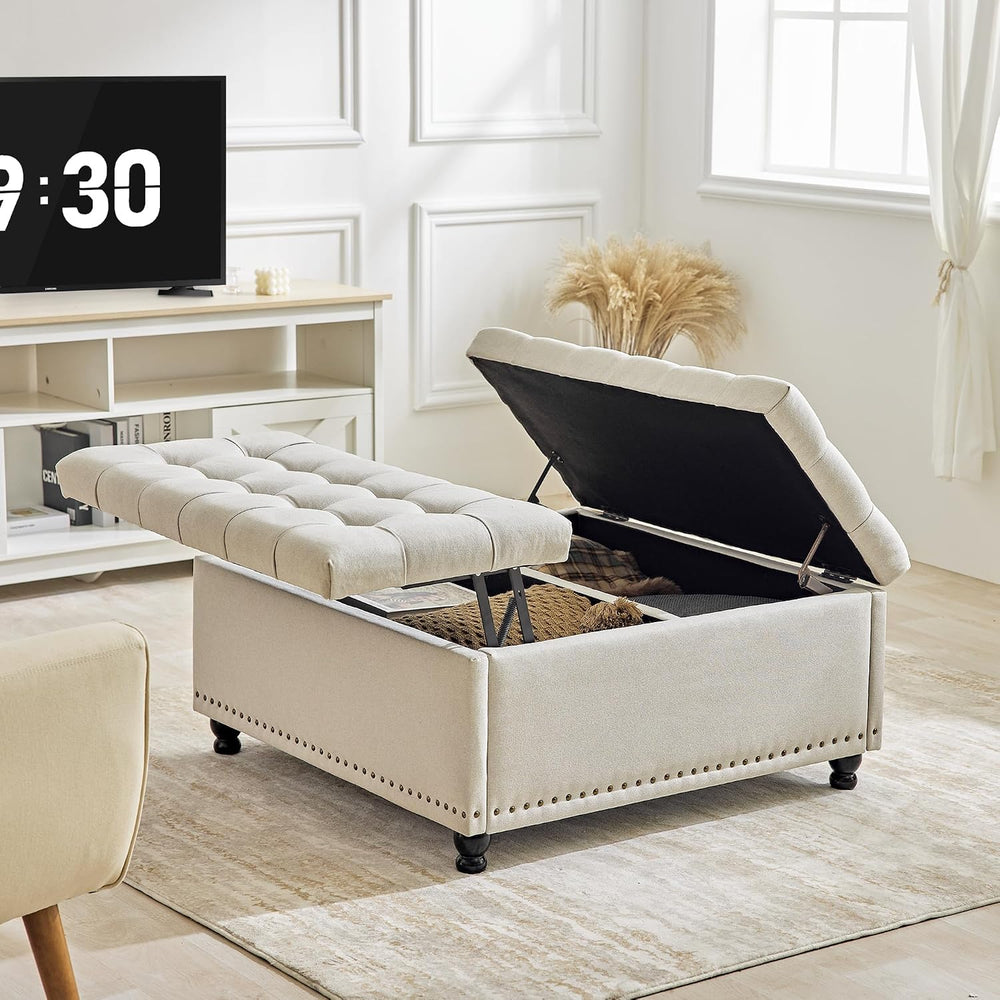 Redlife 35 Inch Large Square Storage Ottoman, Coffee Table Ottoman, Linen | L...