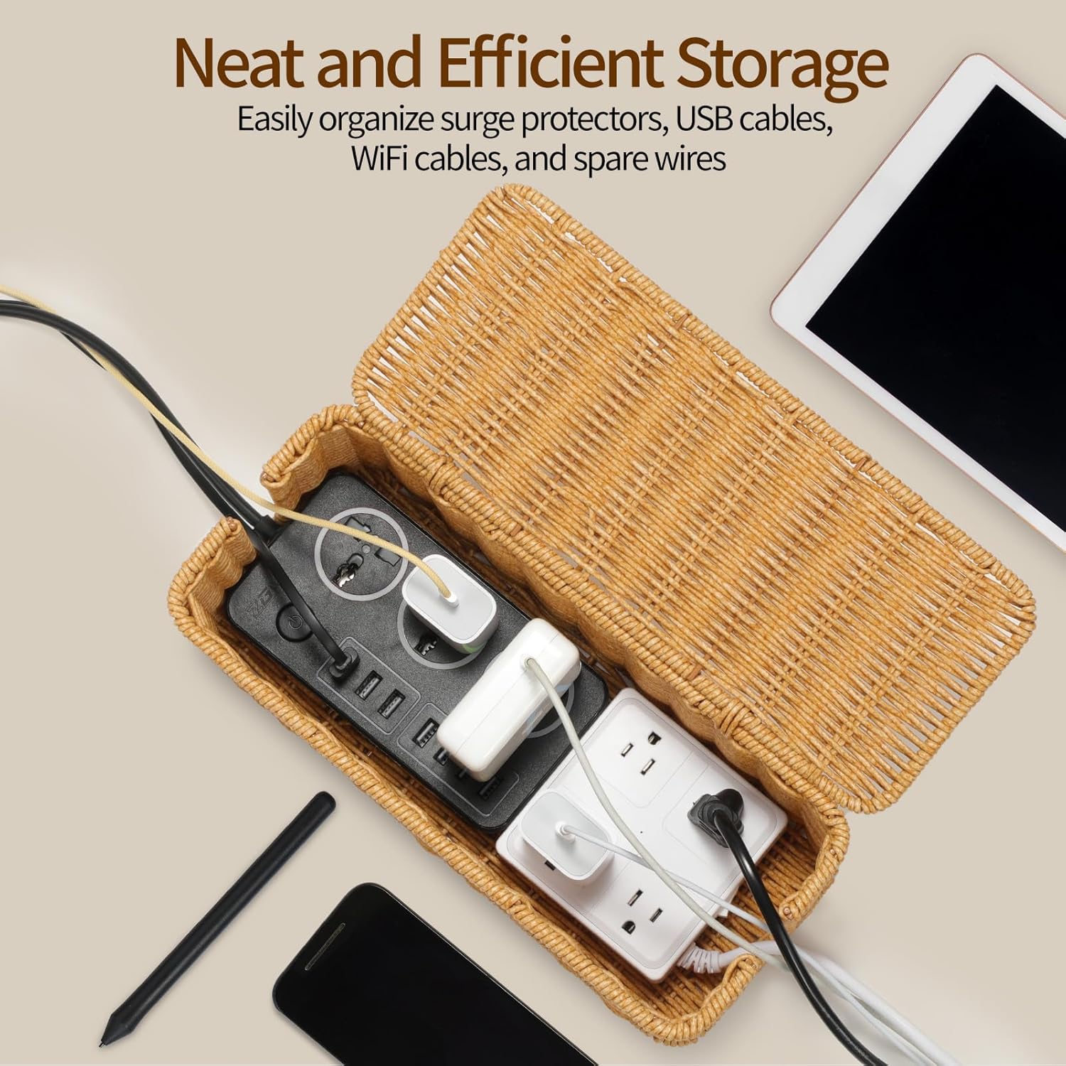 Delamu Handmade Rattan Small Cable Management Box, Cord Organizer with 2 Open Slots, Desk Cord Box Hider for Computer Router USB Hub Power Strip, 12.5" Lx 5.1" Wx 5.1" H, Natural