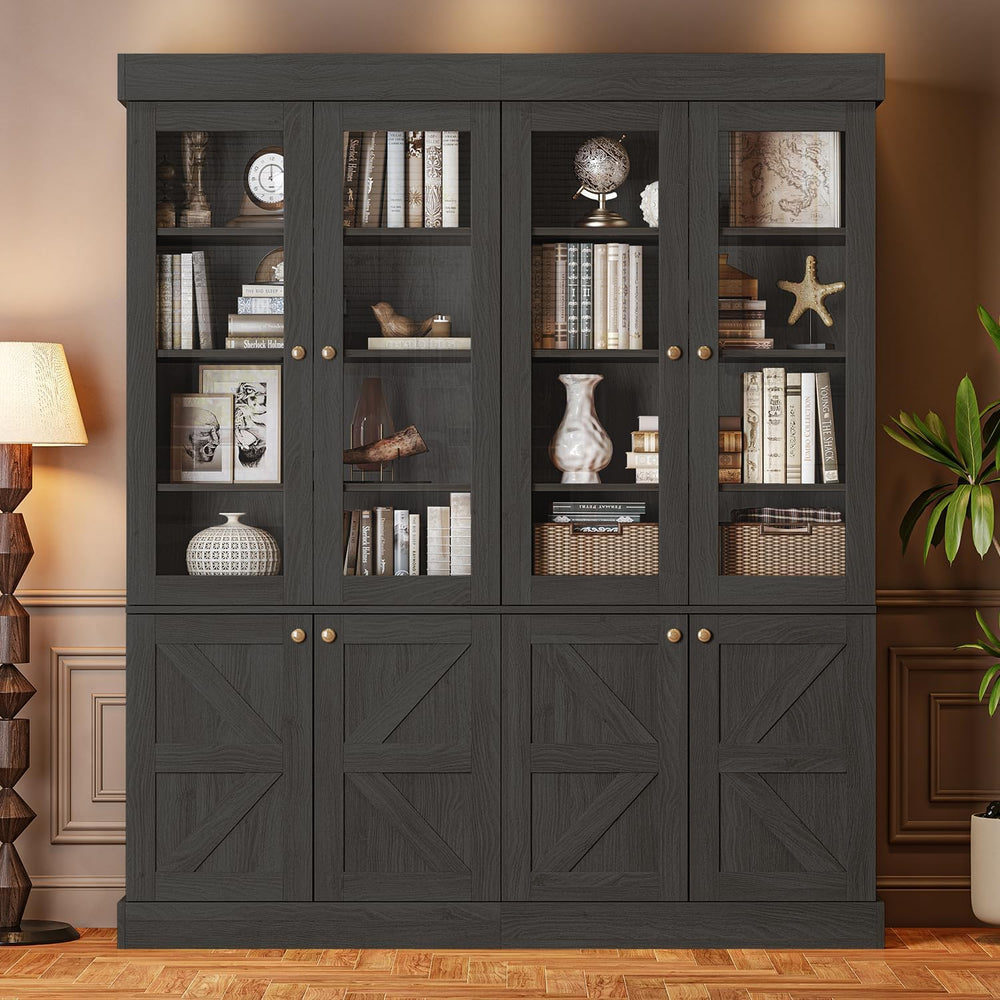 71" Tall Farmhouse Bookshelves with Glass Doors, Rustic Large Bookcase w...