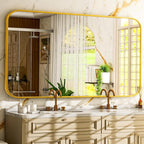 26 x 38 Inch Bathroom Mirror, Rounded Rectangular Vanity Mirror for Wall, Modern Mirror for Room Decor, Gold Framed Wall-Mounted Mirrors for Home Decor, Hangs Horizontally or Vertically