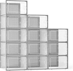 Kuject X-Large Shoe Storage Boxes Organizers Clear Plastic Stackable 12 Pack, Shoe Rack & Holder Substitute, Sneaker Containers, Toy Storage Organizer Bins for Entryway, Closet, Under Bed, Grey