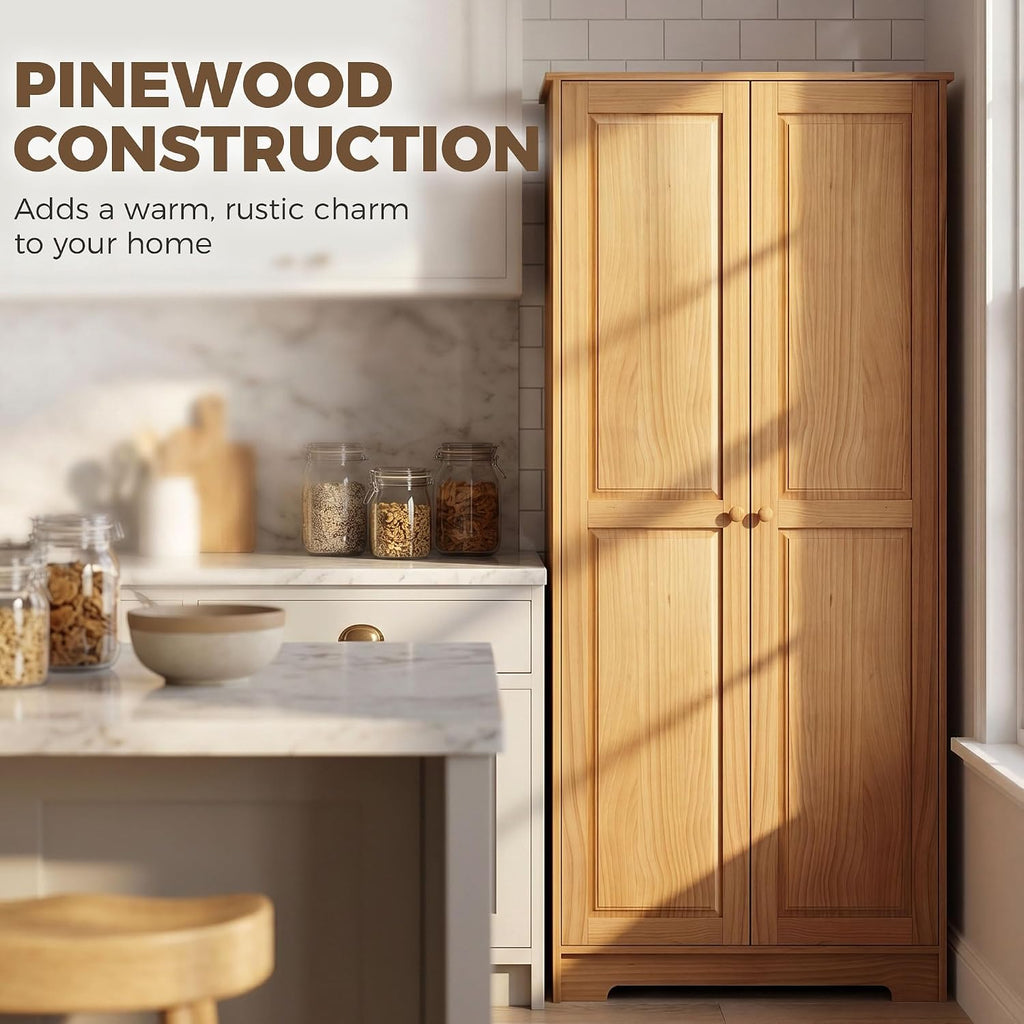 HOMCOM 67" Pinewood Kitchen Pantry Storage Cabinet Freestanding Brown | Adjustable Shelves, Solid Wood Food Pantry, Soft-Close Doors, Living Room Dining Room