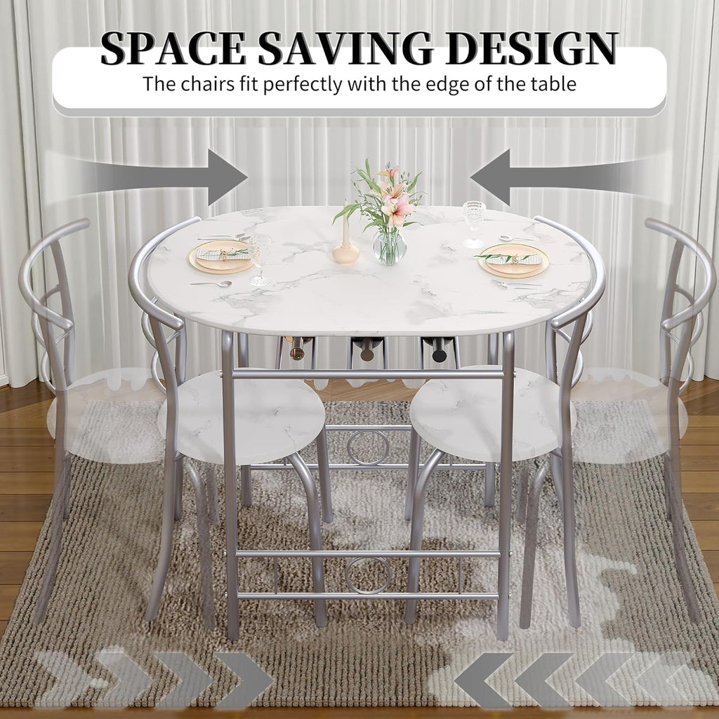 VECELO 3-Piece Dining Table Set for Kitchen Breakfast Nook, Faux Marbled Oval Tabletop and Metal Frame with Built-in Wine Rack, for Small Spaces, White & Silver