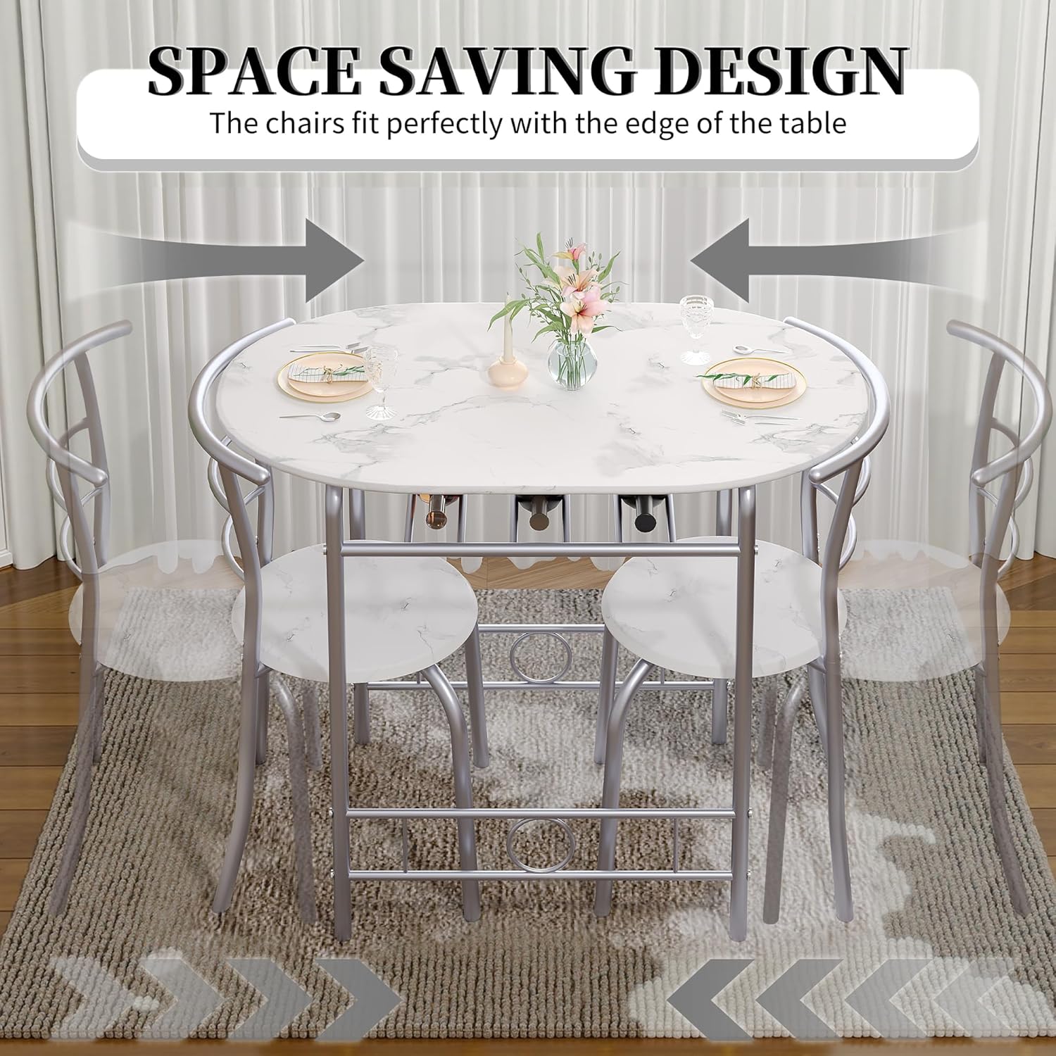 VECELO 3-Piece Dining Table Set for Kitchen Breakfast Nook, Faux Marbled Oval Tabletop and Metal Frame with Built-in Wine Rack, for Small Spaces, White & Silver