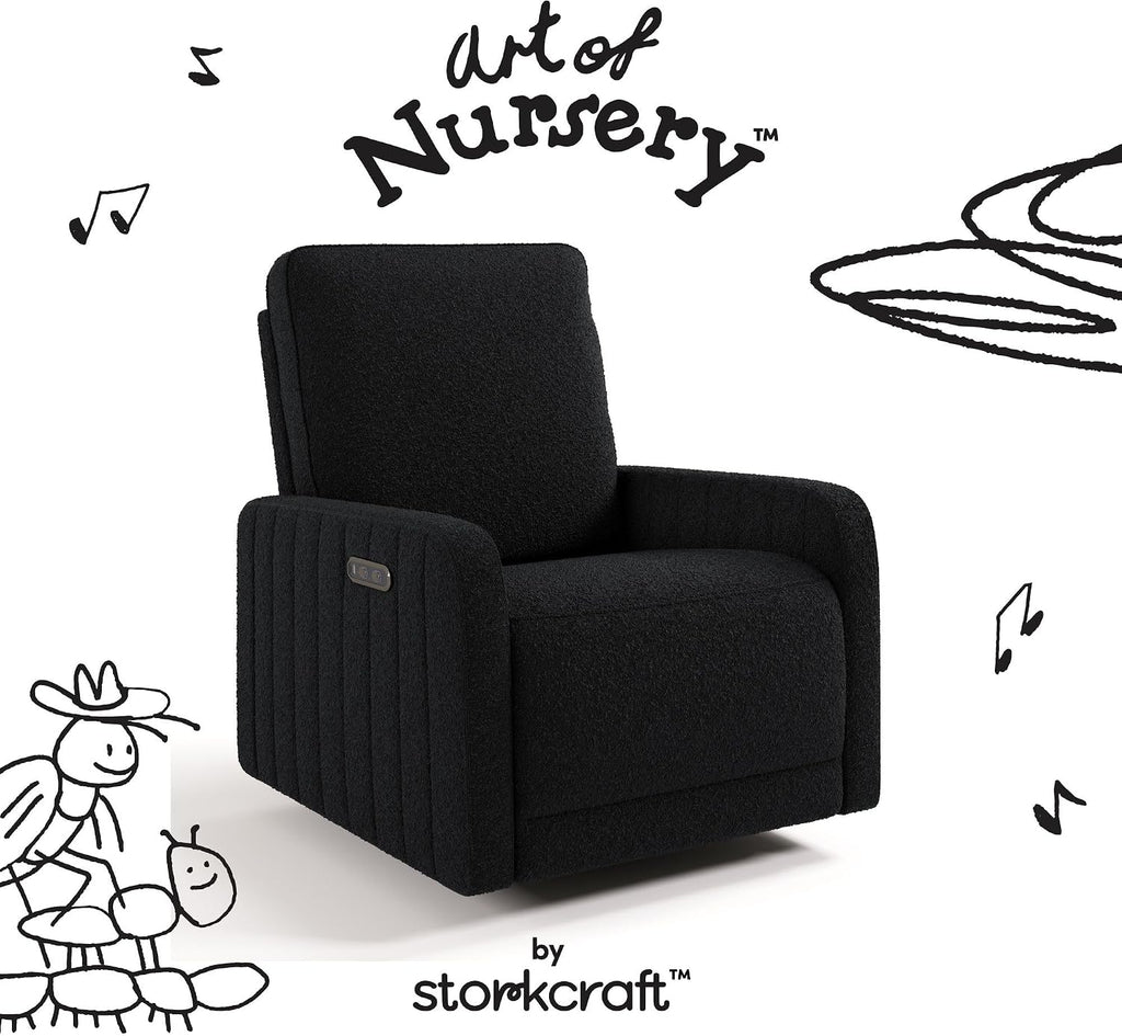 Storkcraft Kyoto Extra-Wide Power Recliner Swivel Glider, Black Boucle | Premium Electronic Nursery Wide Glider Rocking Chair, OEKO-TEX 100 Certified, Includes Dual-USB Charging Port