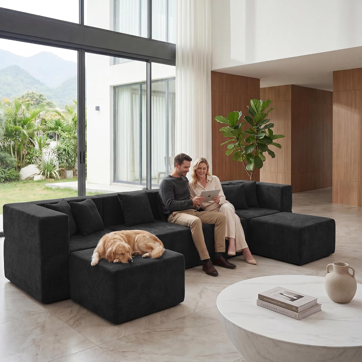 MONVANE U Shaped Boneless Sectional Couch Oversized, Chenille, Black | 6-Seat Sectional Couch for Living Room, Modular Cloud Sofa with Ottoman & 6 Throw Pillows, No Assembly Required