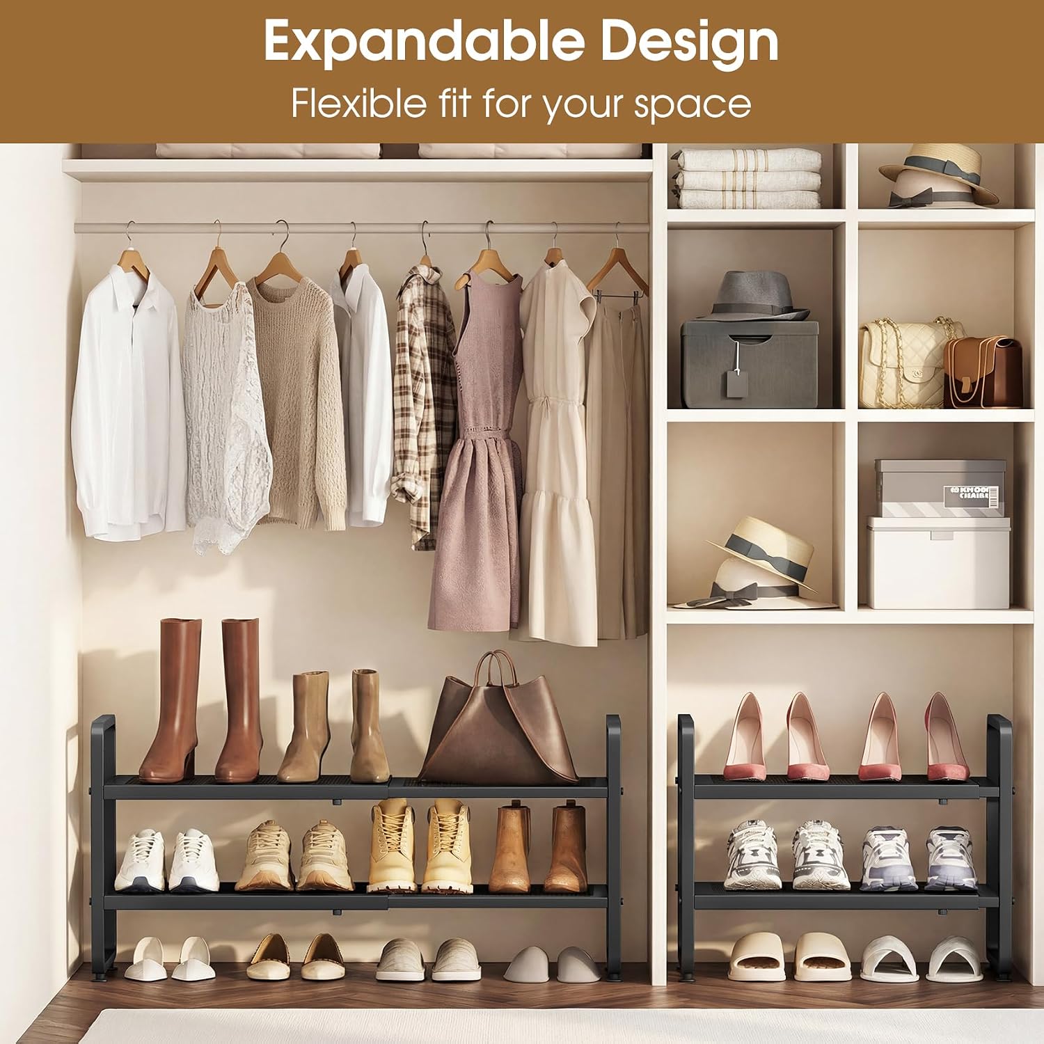 SAYZH Expandable Shoe Rack for Closet, Adjustable Metal Shoe Organizer with Sturdy Mesh Shelves for Boots & Heels, Stackable Shoe Storage for Entryway, Garage, Small Spaces (Black, 2-Tier)