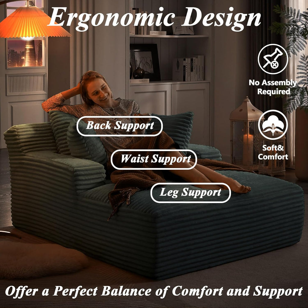 HRVEOCEI 67" Chaise Lounge Indoor, Oversized Chaise Lounge Chair with 3 Comfy Pillows for Living Room Bedroom, Wide Arms Corduroy Fabric High-Density Foam No Assembly Required (Grey)