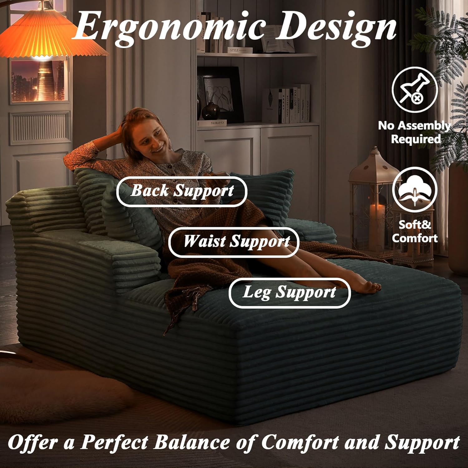 HRVEOCEI 67" Chaise Lounge Indoor, Oversized Chaise Lounge Chair with 3 Comfy Pillows for Living Room Bedroom, Wide Arms Corduroy Fabric High-Density Foam No Assembly Required (Grey)