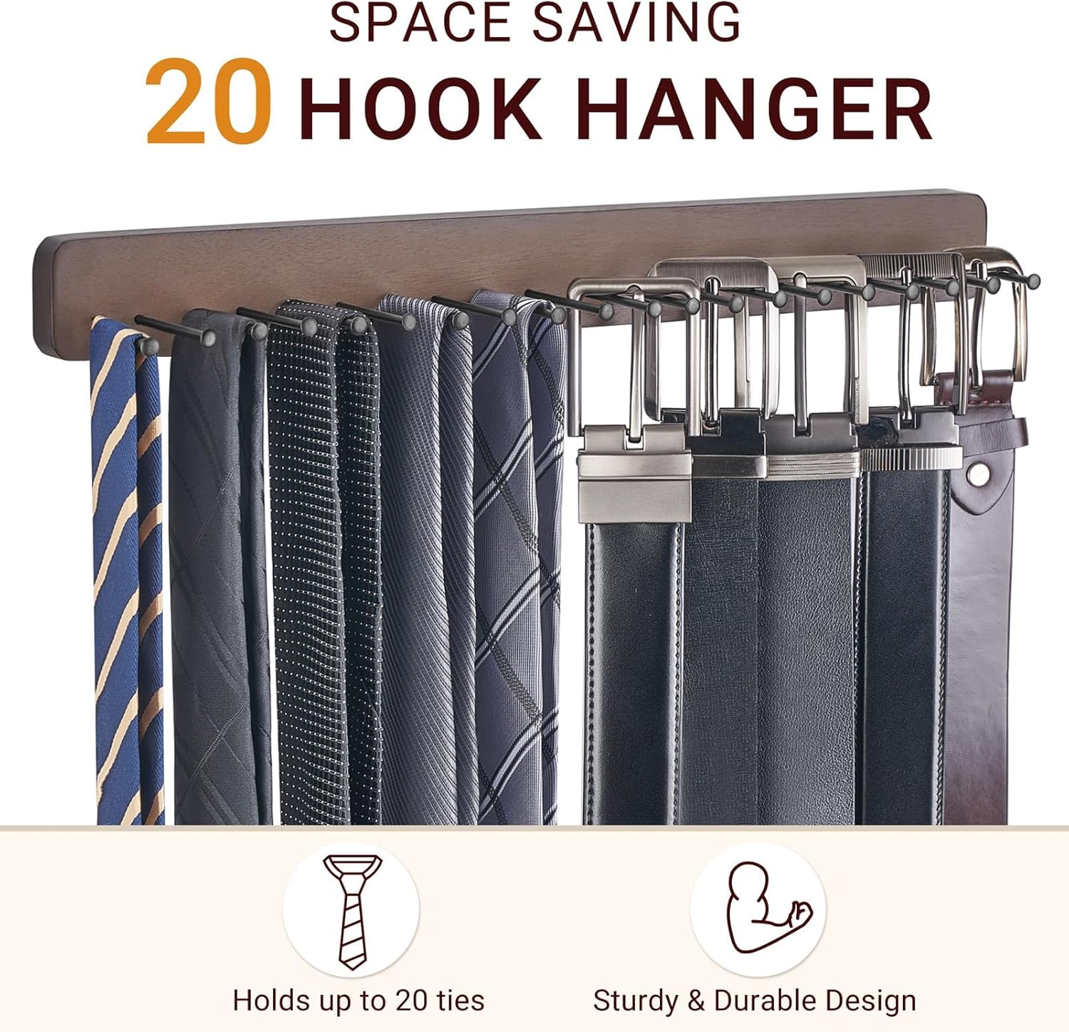 Mkono Tie Rack Wall Mounted Belt Hanger Holder Rustic Wood Tie Organizer for Men Closet Max up 20 Storage for Ties Belts Scarf
