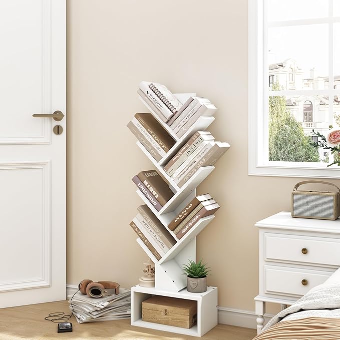Hoctieon 6 Tier Tree Bookshelf, Tall Bookcase with Drawer, Freestanding Book Shelf, Display Floor Standing Storage Shelf, Book Organizer Shelves for Home Office, Living Room, Bedroom, White