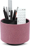Round Leather Art Supply Organizer,Remote Control Holder,360 Degree Spinning,Multi-Functional Pencil Holder,4 Compartments Desktop Stationary Organizer(1-Wood Pink)