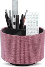 Round Leather Art Supply Organizer,Remote Control Holder,360 Degree Spinning,Multi-Functional Pencil Holder,4 Compartments Desktop Stationary Organizer(1-Wood Pink)