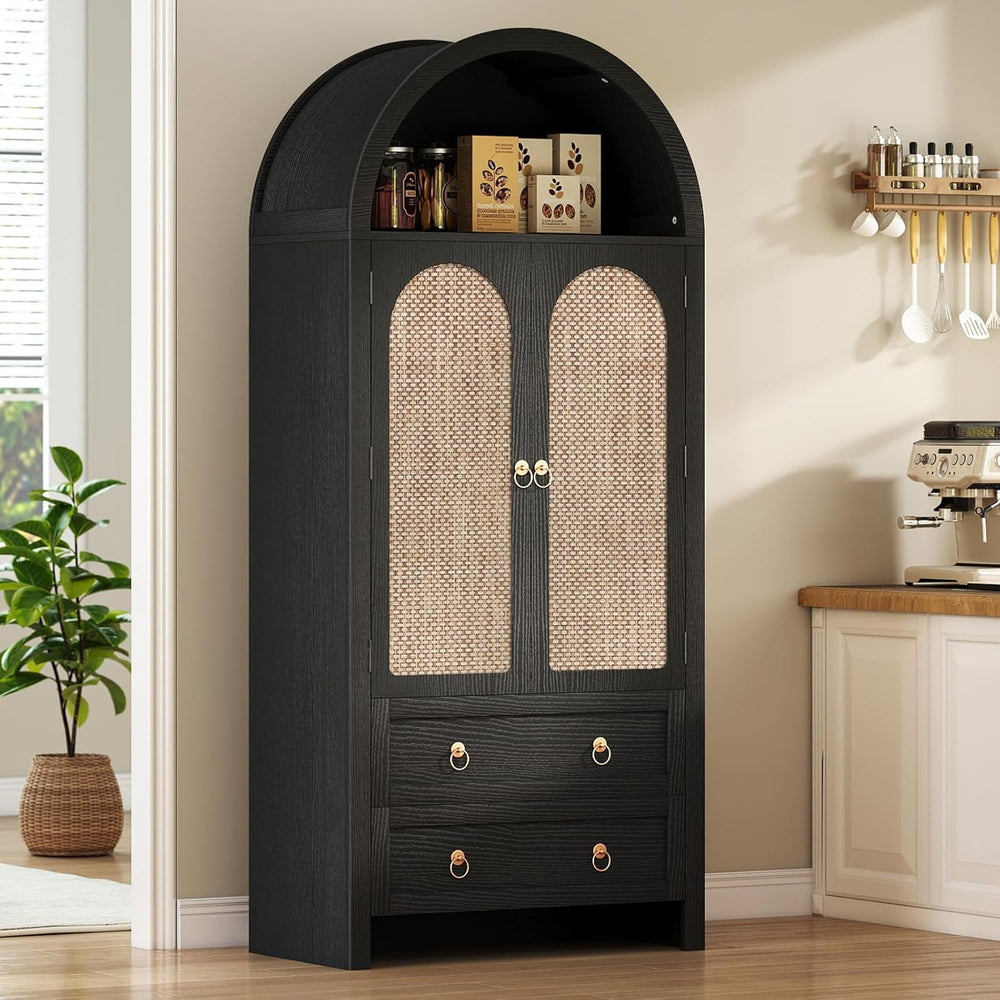 71" Arched Cabinet Kitchen Pantry Cabinet with Rattan Doors, Storage Cab...
