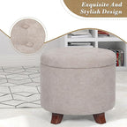 Athena Collection 20 Inch Small Ottoman with Storage, Round Linen Fabric Storage Ottoman with Removable Lid, Stylish Footstool Foot Rest for Living Room, Bedroom, Dorm, Khaki