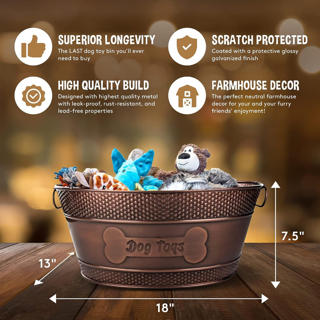 BREKX Copper Metal Pet Storage & Dog Toy Bin w/ Handles, Indestructible | Dog Toy Box • Galvanized Steel • Organizes Toys, Blankets & Leashes • Farmhouse Style