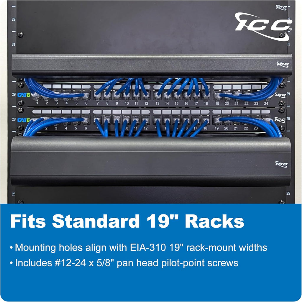 ICC 2U Ring Cable Manager Panel with Cover, Plastic with Metal Back Frame, 4" D-Rings, Horizontal Cable Management, Rackmount for 19” Network Racks, Black, 6-Pack
